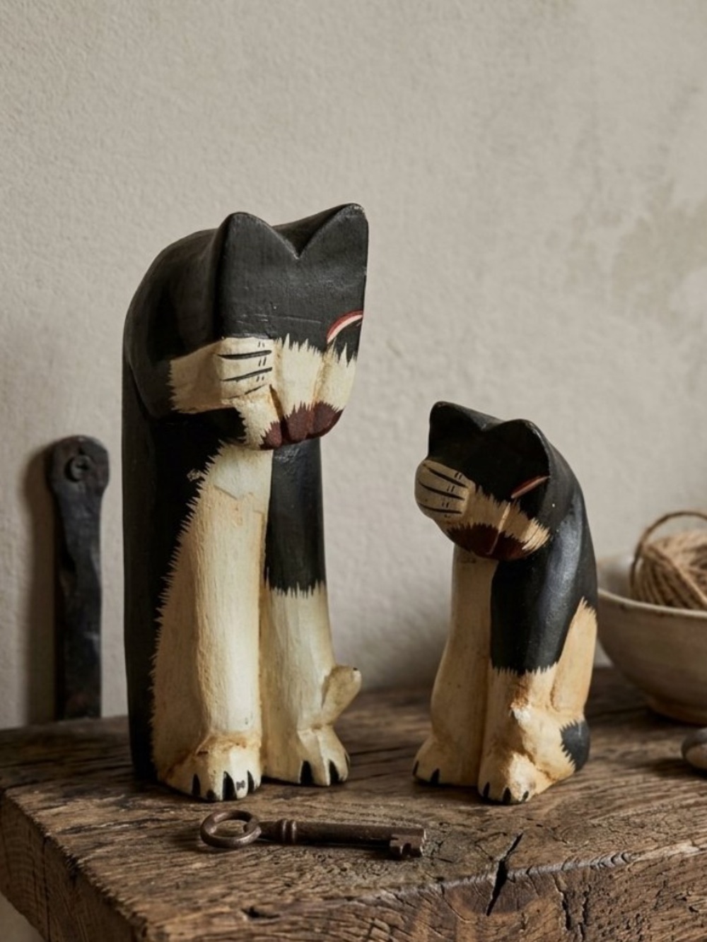 Vintage wooden Black & White Cat Figurines. Handmade. Unique
